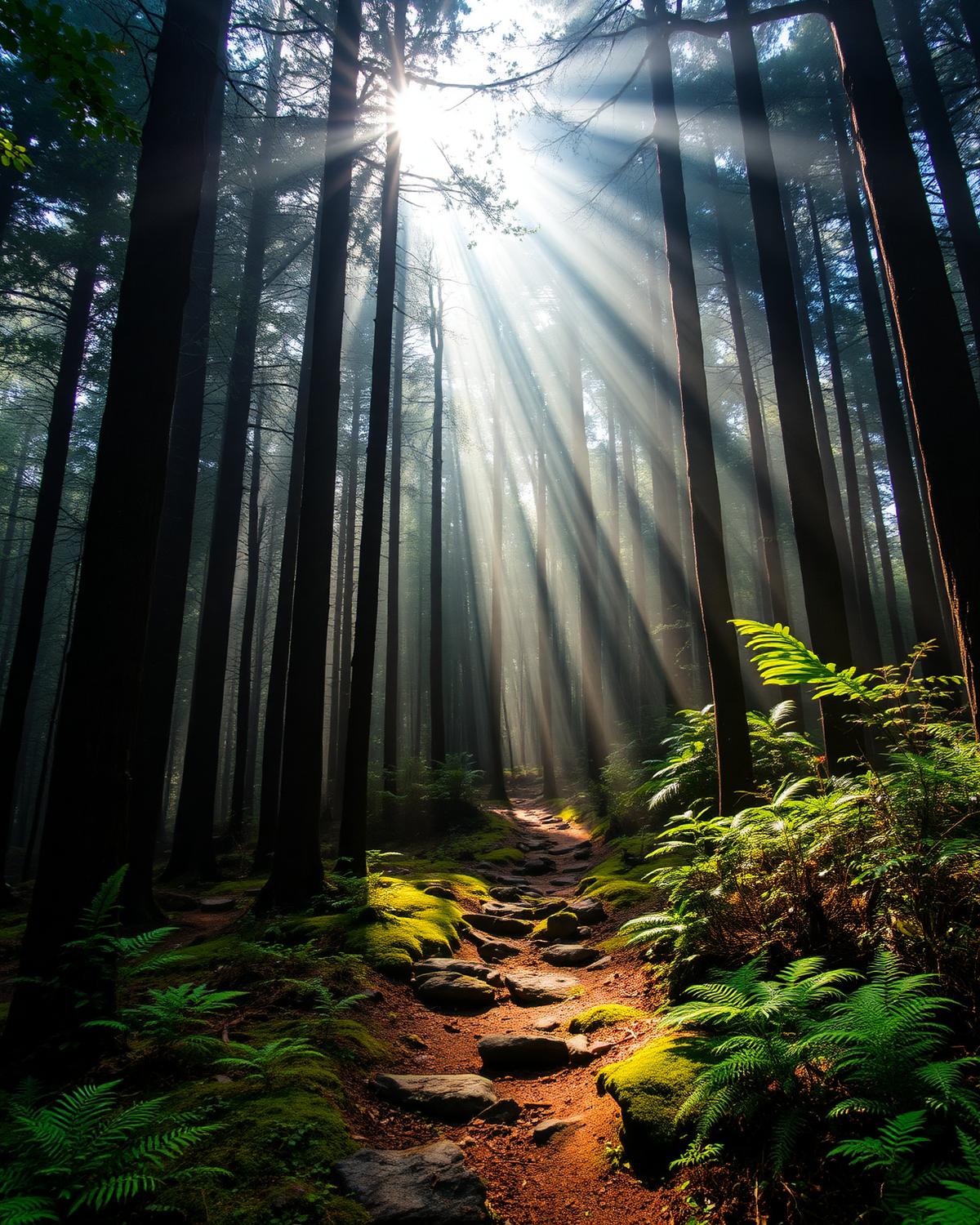 Forest trail with sunrays
